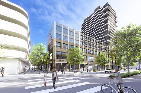 Impressie van een woontoren aan de Korte Promenade in Almere Centrum.