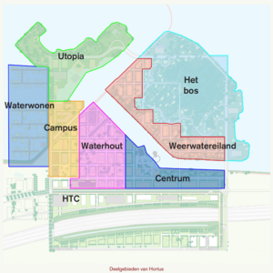 De wijk Hortus, opgedeeld in de deelgebieden Utopia, Waterwonen, Campus, Waterhout, Centrum, Weerwatereiland en Het Bos.